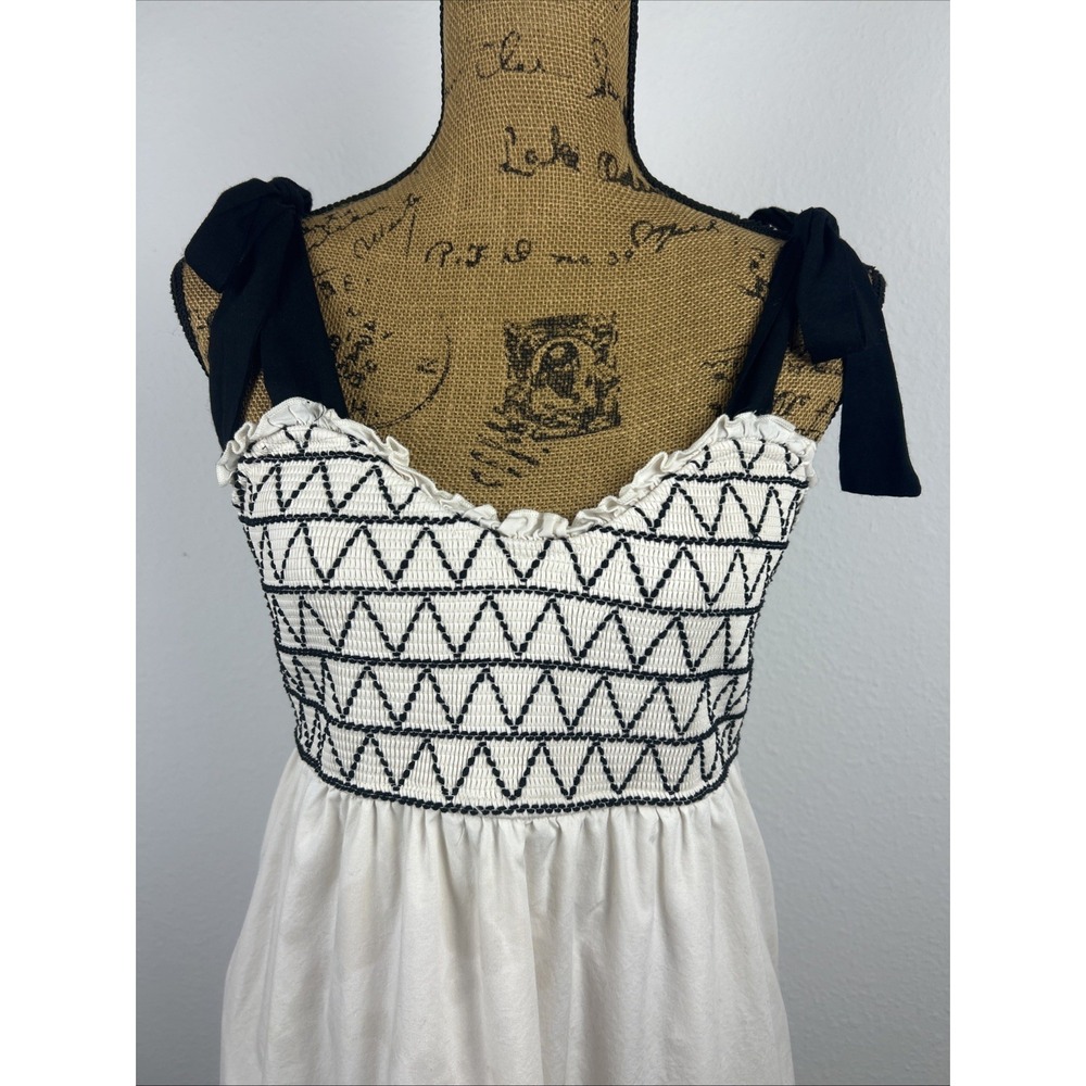 Trixxi Maxi Sun Dress XL Ivory Smocked Tiered‎ Black Bow Strap Pockets - Picture 3 of 9